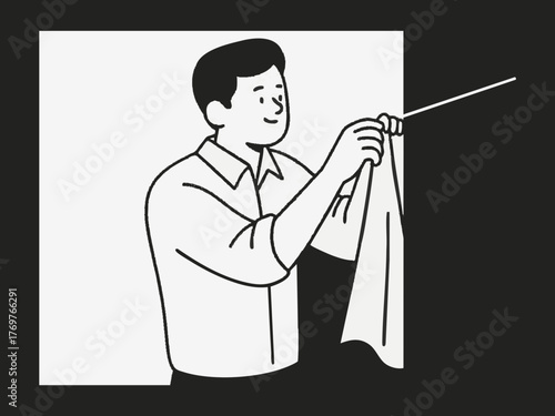 A simple line illustration of a man hanging laundry. Deep cleaning. Wiping down surfaces. Housework. Housekeeping service.