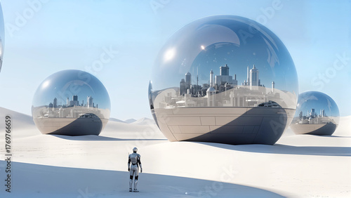 Wallpaper Mural A surreal minimalist landscape where colossal, translucent orbs hover above a stark, white desert. Each orb contains a miniature civilization, bustling in a futuristic, sci-fi aesthetic. In the foregr Torontodigital.ca