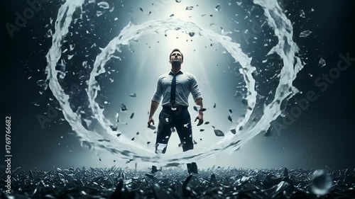 Man facing psychological shards transforming to calm. dealing with personality disorder and emotional healing.