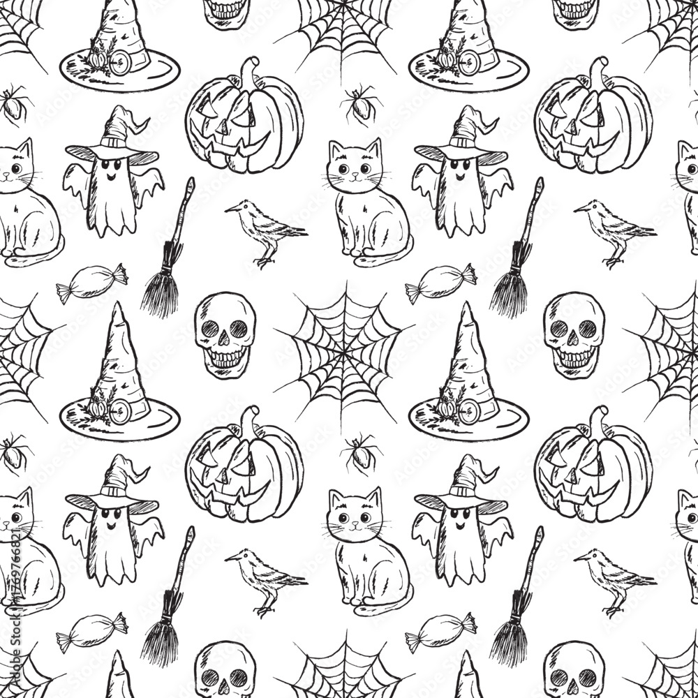 Obraz premium Seamless pattern with halloween horror creatures ghost, carved pumpkin, car, spider, cobweb, skull in black brush stroke texture on white. Hand drawn vector sketch illustration in vintage charcoal ink