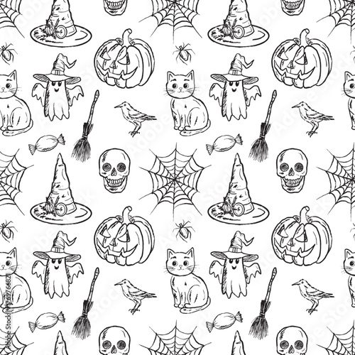 Seamless pattern with halloween horror creatures ghost, carved pumpkin, car, spider, cobweb, skull in black brush stroke texture on white. Hand drawn vector sketch illustration in vintage charcoal ink