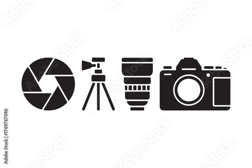 Photography equipment icons camera lens tripod aperture
