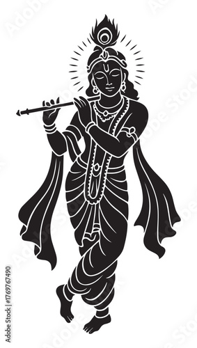 Lord Krishna black silhouette vector, playing flute in graceful pose, adorned with peacock feather, elegant Indian art illustration