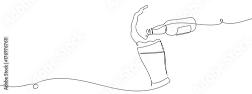Beer bottle and beer glass floating in the air, one continuous line minimalist style vector. Single continuous line art style stroke can be edited.