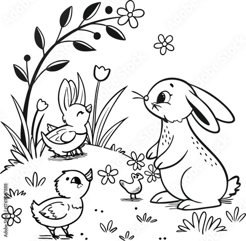 Black and white outline vector illustration of funny cartoon birds and flowers on the branch for a children's coloring book art