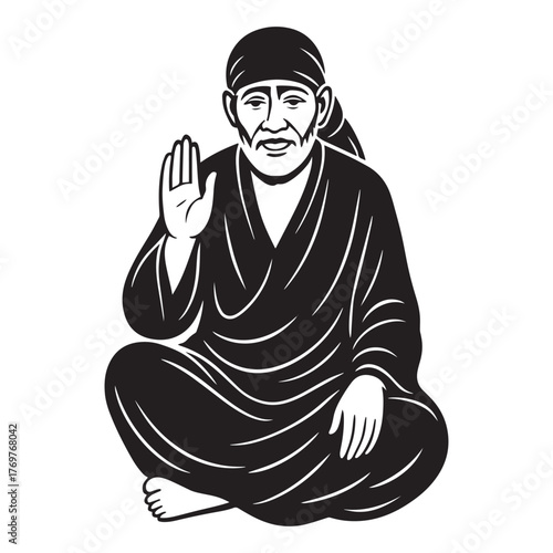 Sai Baba black silhouette vector, seated in blessing pose, wearing robe and headscarf, serene spiritual Indian art illustration