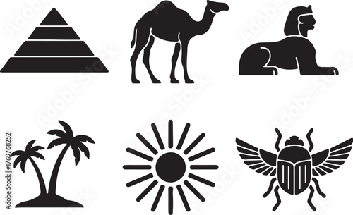Ancient egyptian desert icons camel pyramid sphinx palm trees sun scarab beetle symbols of egypt