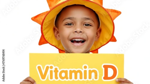 A little boy in a hat holds a sign that says vitamin D