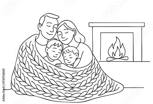 line sketch relaxing love couple with children in knitted doodles blanket near fireplace