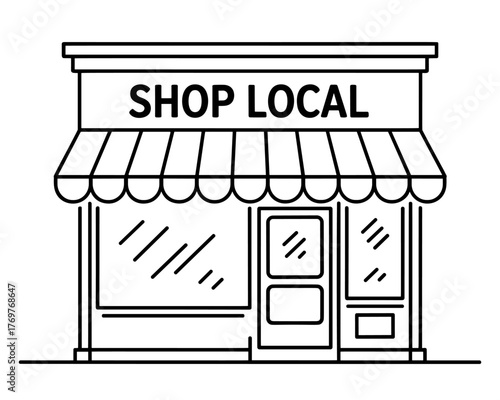Shop local storefront line illustration with windows and door, ideal for promoting small businesses, local economy, and neighborhood campaigns