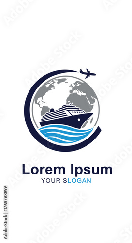 Travel logo featuring a cruise ship, globe, airplane, and ocean waves.