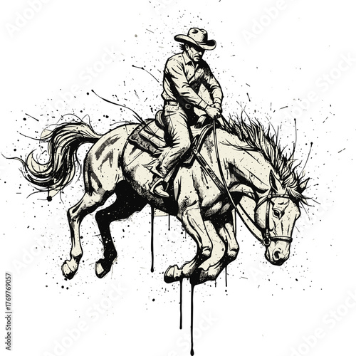 Vintage Rodeo Cowboy Riding a Wild Bucking Horse in Dynamic Sketch Ink Splatter Style, Energetic Hand-Drawn Western Illustration of Man and Animal Strength.