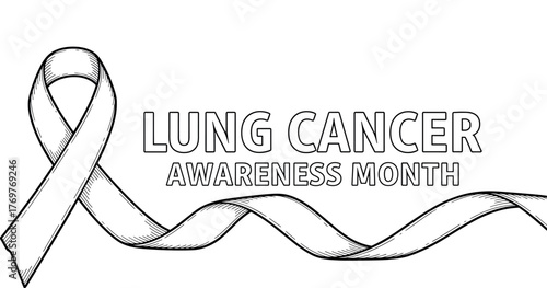 Monochromatic vector art depicting an awareness ribbon, a symbol of health advocacy, with text highlighting Lung Cancer Awareness Month and vital public health education