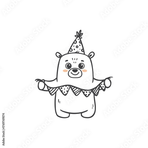 cute cartoon bear with birthday decoration. Animal in doodle style for greeting card, happy birthday. Vector illustration