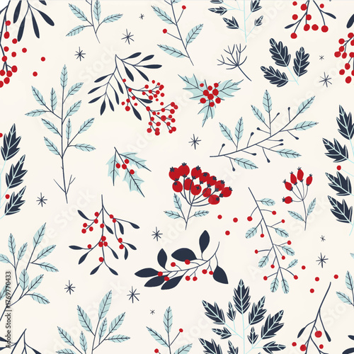 On a light background, branches intertwine with red berries and leaves in cool shades from blue to light blue creating a feeling of freshness and lightness. The illustration is perfect for textiles,