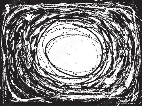 Artwork showcasing abstract black and white swirling patterns with central empty space for creative interpretation