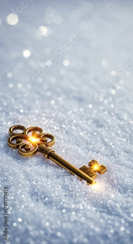 An ornate golden skeleton key with a radiant glow rests on a bed of shimmering white snow, surrounded by ethereal bokeh and soft blue light.