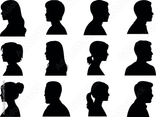 Collection of diverse people silhouette head portraits in side view
