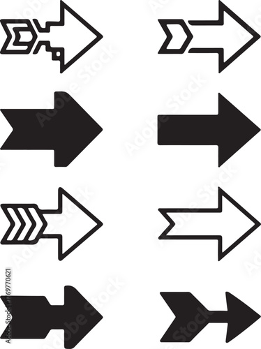 Set of geometric right-pointing arrow icons diverse styles and filled outline designs for navigation and directional cues