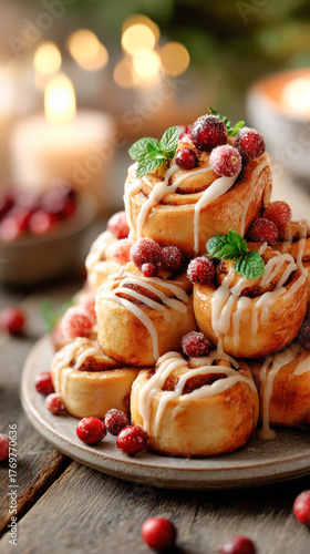 Wallpaper Mural Delicious cinnamon rolls topped with cranberries and icing, beautifully arranged on a rustic wooden table, evoking a cozy festive atmosphere Torontodigital.ca