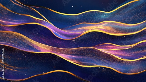 Flowing waves of vibrant colors intertwine with gold lines, creating a dynamic and captivating design against a deep blue backdrop