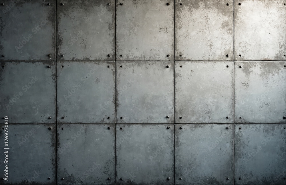 Naklejka premium Abstract concrete wall texture with square tile design. Distressed metal plates fastened by rivets creating industrial background. Grunge building exterior has aged weathered surface.