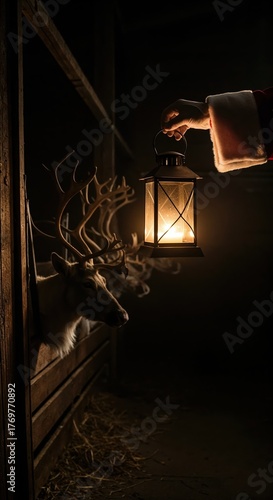 A person's hand in a classic red and white suit holds a glowing lantern, casting warm light on reindeer in a rustic wooden stable filled with hay and shadow.