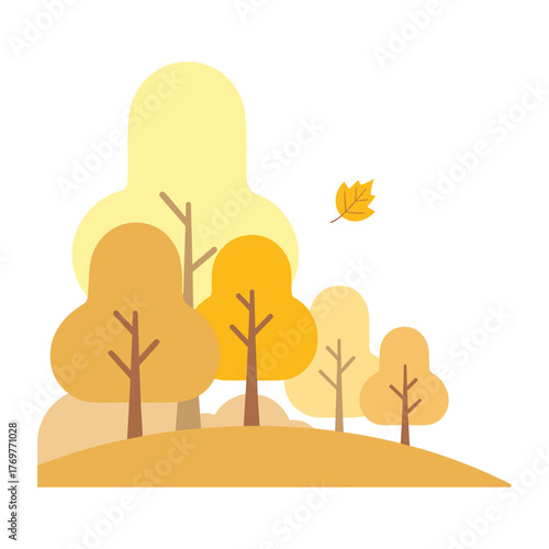 Autumn trees with yellow foliage on a hillside in flat design  
