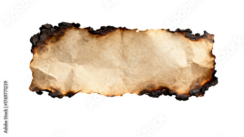 Vintage burnt paper texture with stark charred edges, isolated on transparent background asset.