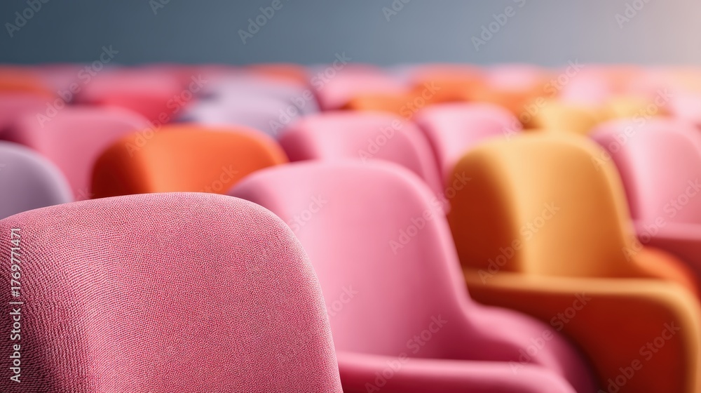 Fototapeta premium A vibrant array of colorful chairs fills the frame, showcasing a modern seating arrangement in a spacious environment.