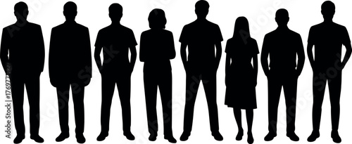 Group of diverse people silhouettes standing together in a row concept