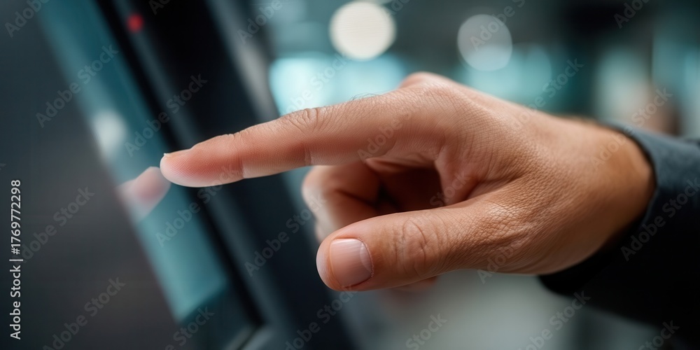 Naklejka premium Finger Touches Interactive Screen in Modern Lobby or Office Building During Daytime, Light From Large Window