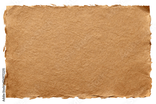Distressed vintage brown paper texture with rough hand-torn edges isolated on transparent background