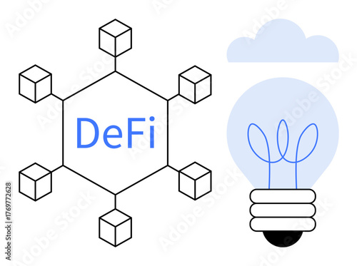 Hexagonal blockchain structure with DeFi text surrounded by nodes paired with a minimalistic glowing light bulb. Ideal for blockchain, decentralization, innovation, cryptocurrency, technology