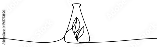 Chemical Flask with Plant Leaves, minimalist ecological and environmental concept symbol, continuous line design, isolated on transparent background, vector illustration