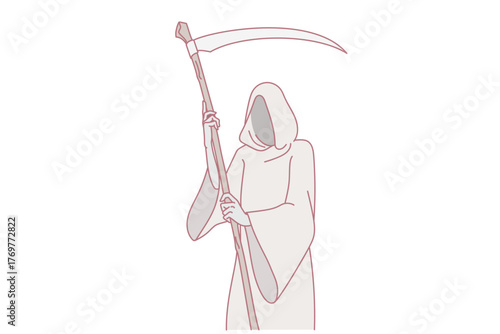 Grim reaper with scythe wearing robe representing death. Mythology concept. Flat vector illustration.