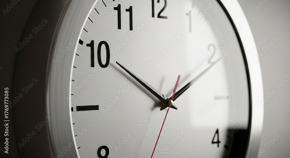 Fototapeta premium Precise modern wall clock face captures passing seconds, signaling urgency, deadlines, and the relentless march of time for business and life.