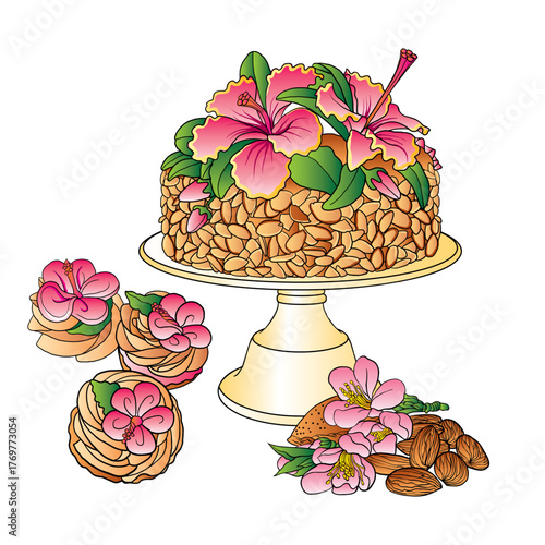 Almond cake decorated with hibiscus flowers. Vector illustration