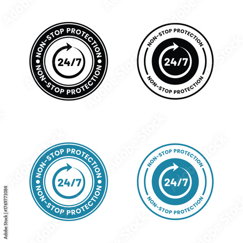 Non stop protection label or Non stop protection seal vector isolated. Non stop protection seal for websites, Non stop protection sign, logo, badge, icon, sticker, label, emblem, stamp, symbol. 