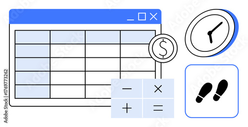 Spreadsheet interface with calculator, clock, dollar sign, and footprints symbolizing budgeting, analytics, productivity, time tracking, financial planning decision-making and workflow. Simple flat