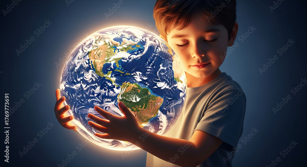 Naklejka premium A boy holds a glowing Earth globe, eyes closed, seeming to embrace it, symbolizing global care, future, and responsibility, perfect for environmental concepts