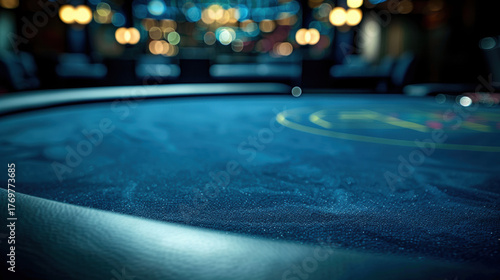 Close-up of an empty blue casino gaming table. Vibrant bokeh lights blur the background, showcasing deep felt texture, creating an elegant gambling atmosphere.