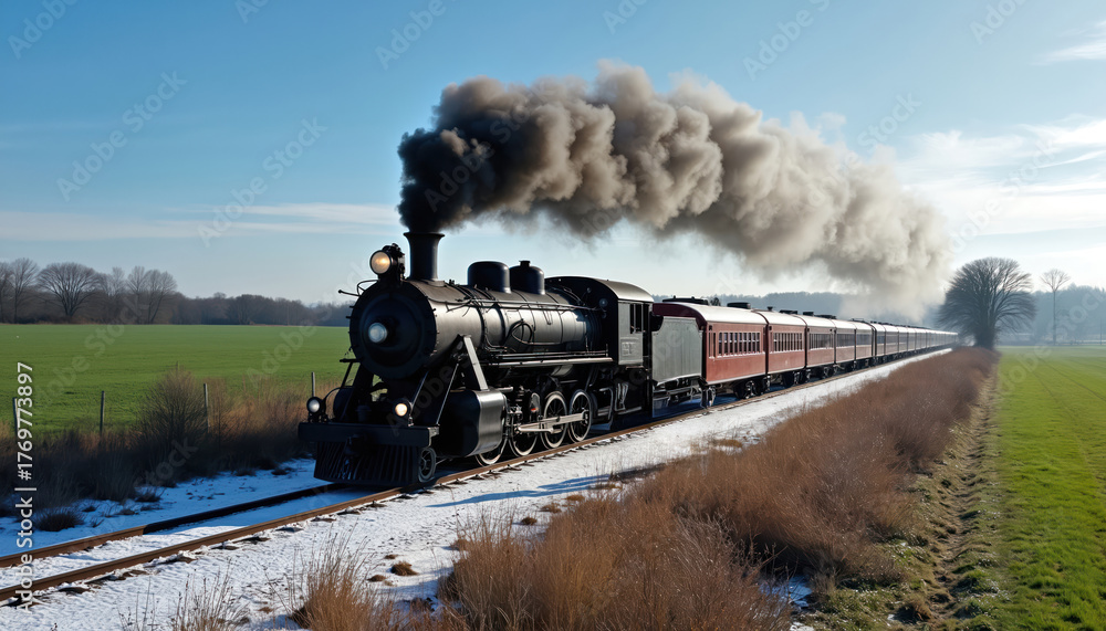 Obraz premium Steam train travels across snowy landscape. Locomotive emits black smoke into cold winter air. Vintage rail transport with passenger cars moves by railway on journey through countryside.