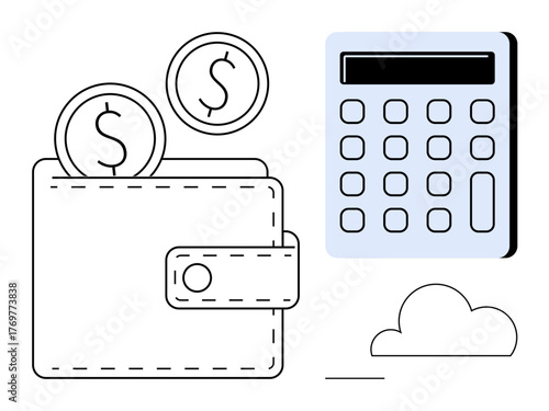 Wallet with coins, calculator, and cloud element suggesting financial tracking, budgeting, and saving. Ideal for finance, personal savings, accounting, investment business tools money apps simple