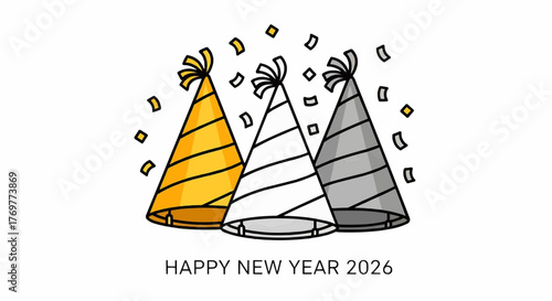 Three party hats with confetti falling around them for a happy new year celebration event in the year 2026