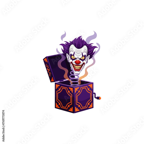 Scary Clown Jack in Box Vector Illustration Halloween Fun, Creepy clown springing Halloween fun surprise box scary prank toy.