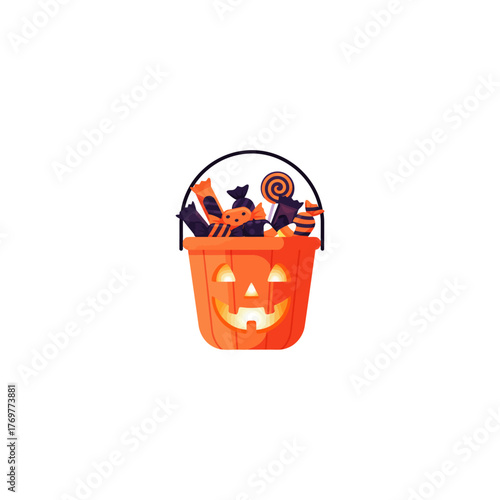 Jack O Lantern Bucket Filled with Assorted Candy for Trick or Treating on Halloween Night Vector Illustration, Halloween candy vector.