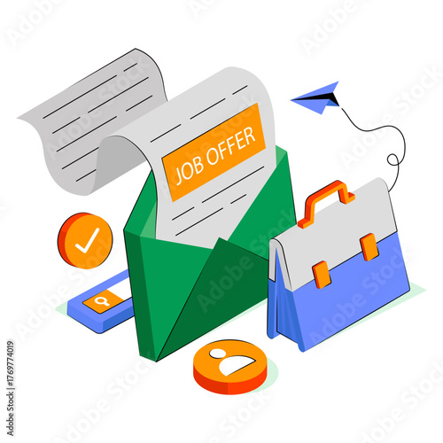 Bag with paper inside envelope denoting concept of job offer letter illustration 