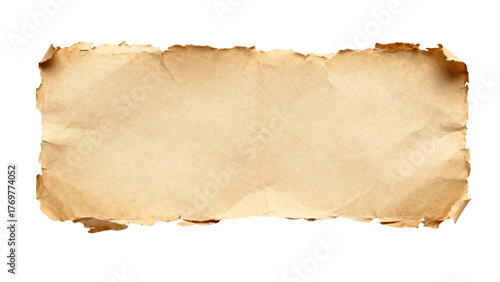 Old vintage crumpled paper texture with distressed torn edges isolated on transparent background for design.