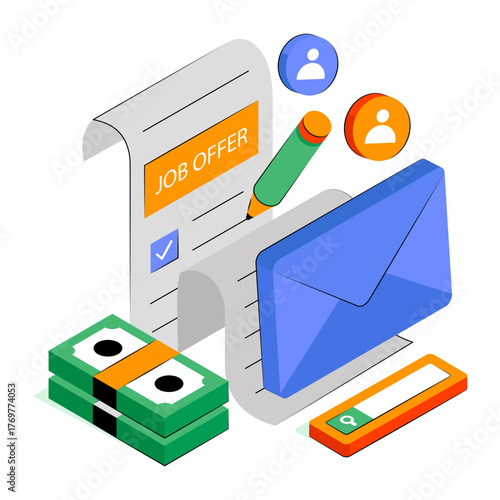 Mail with paper denoting concept of job offer letter illustration 